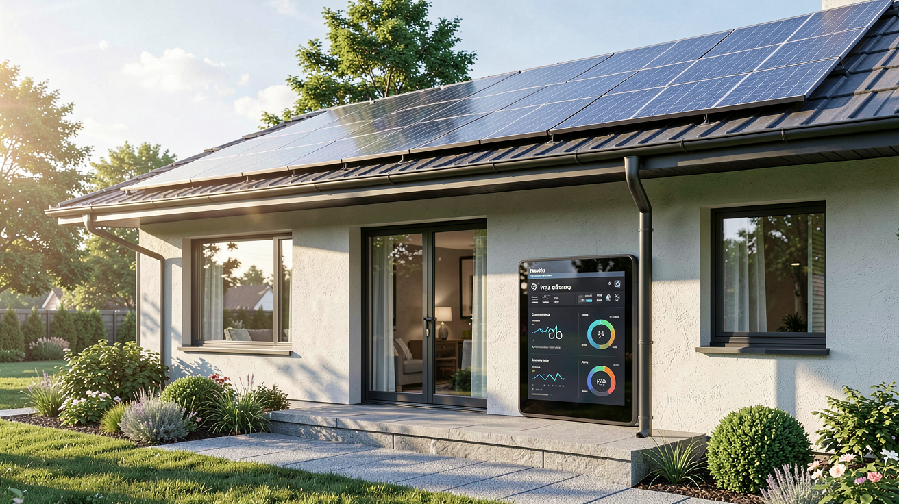 photovoltaique batterie virtuelle principe fonctionnement système solaire domestique avec écran de monitoring