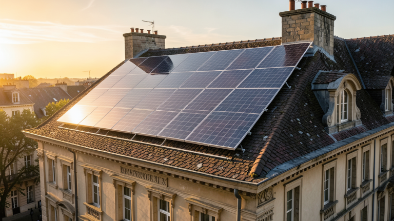 photovoltaïque bourgeois installé sur le toit d'une maison ancienne élégante en ville