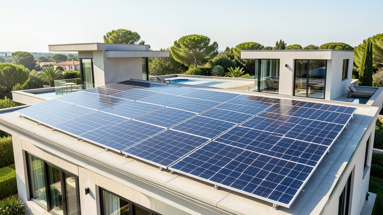 photovoltaique bourgeois installé sur le toit d'une résidence de luxe moderne avec des panneaux solaires premium.
