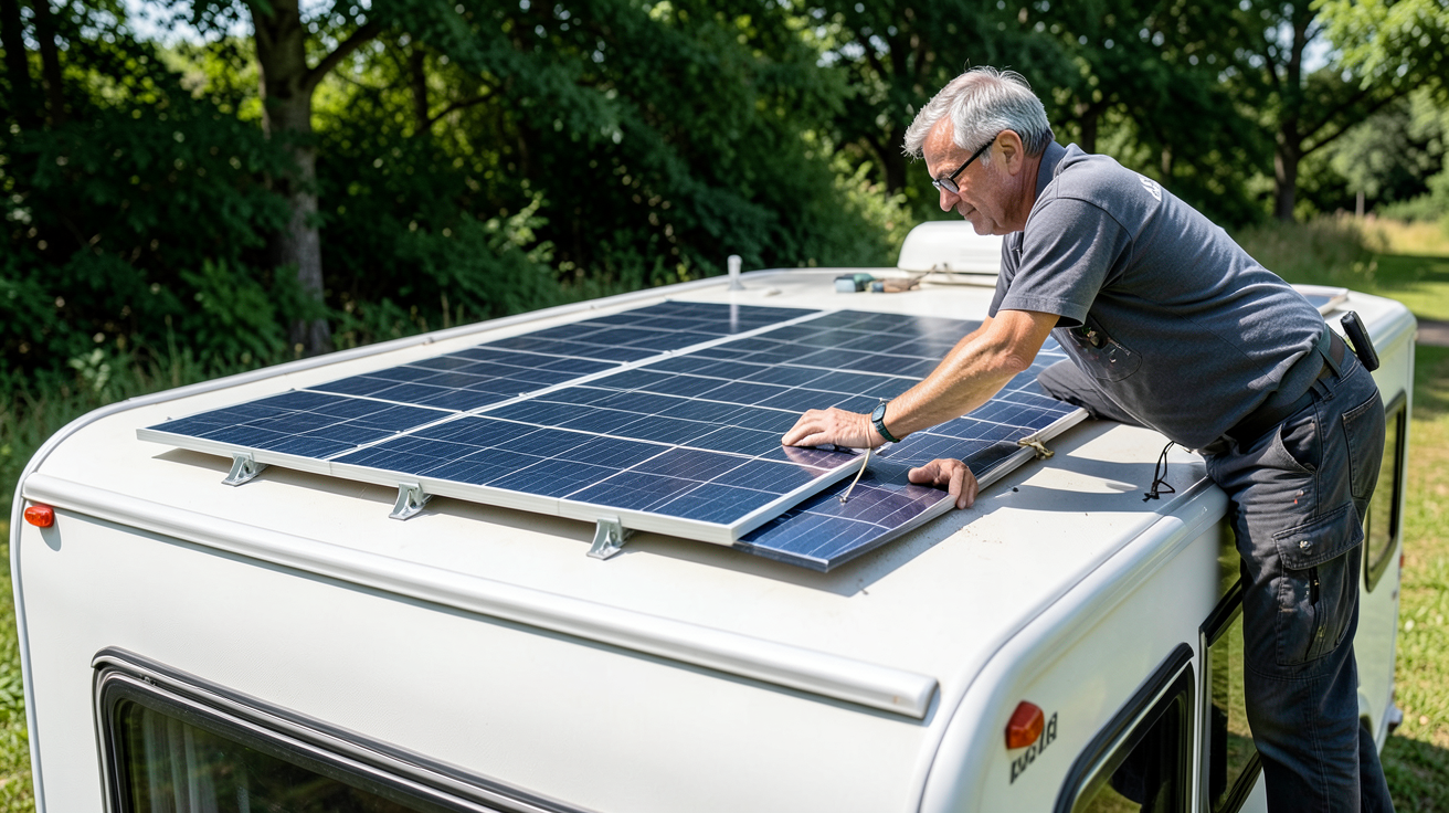 photovoltaique camping car montrant l'installation étape par étape d'un kit solaire sur le toit d'un véhicule de loisir