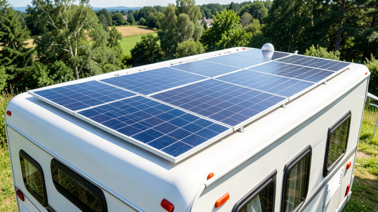 photovoltaique camping car avec panneaux solaires installés sur le toit, prise de vue en plein jour