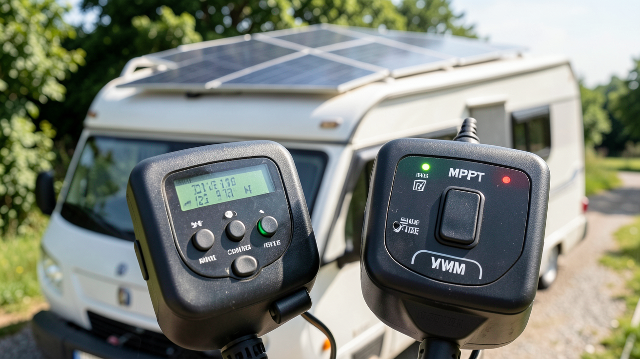 photovoltaique camping car montrant un régulateur de charge MPPT et un PWM côte à côte sur le toit d'un véhicule