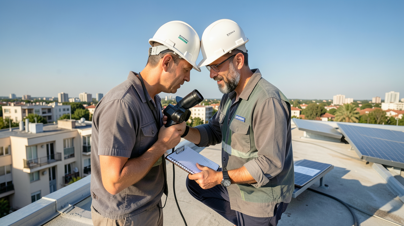 photovoltaique copropriété : technicien effectuant un audit énergétique sur le toit d'une copropriété avec une caméra thermique