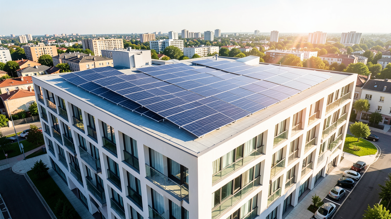 photovoltaique copropriete avec des panneaux solaires installés sur le toit d'un immeuble d'appartements