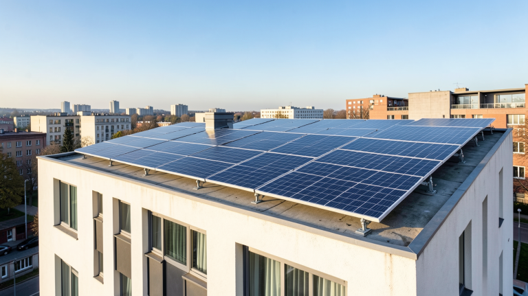 photovoltaique copropriété panneaux solaires installés sur le toit d'un immeuble en ville