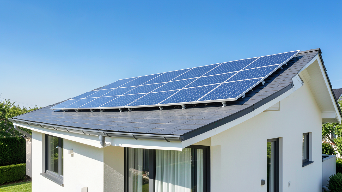 photovoltaïque edf installé sur le toit d'une maison résidentielle moderne sous un soleil radieux