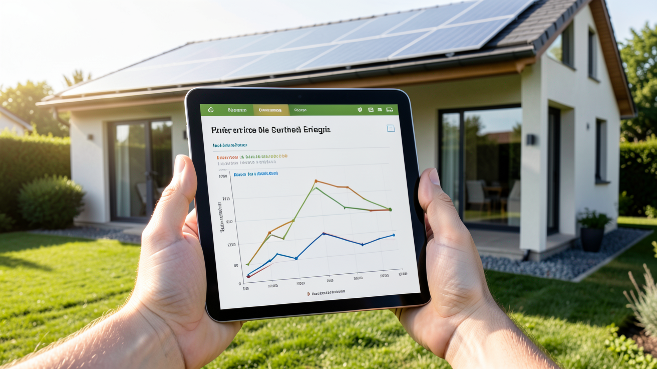 photovoltaïque edf simulation de devis sur tablette devant une maison équipée de panneaux solaires