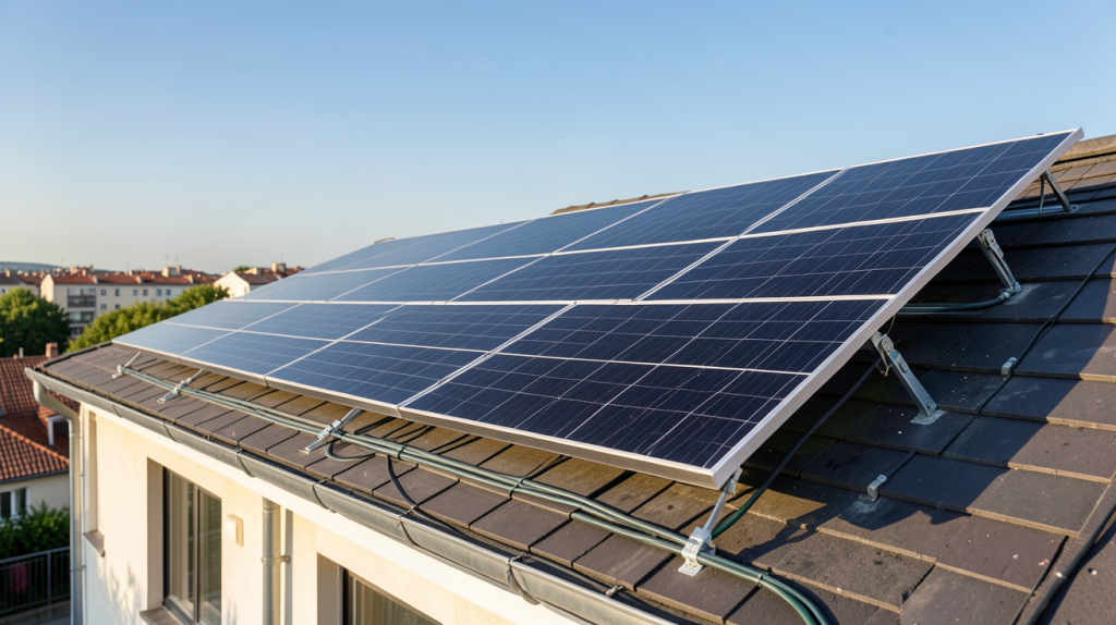 photovoltaïque EDF installé sur le toit d'une maison en milieu urbain avec des panneaux solaires noirs brillants