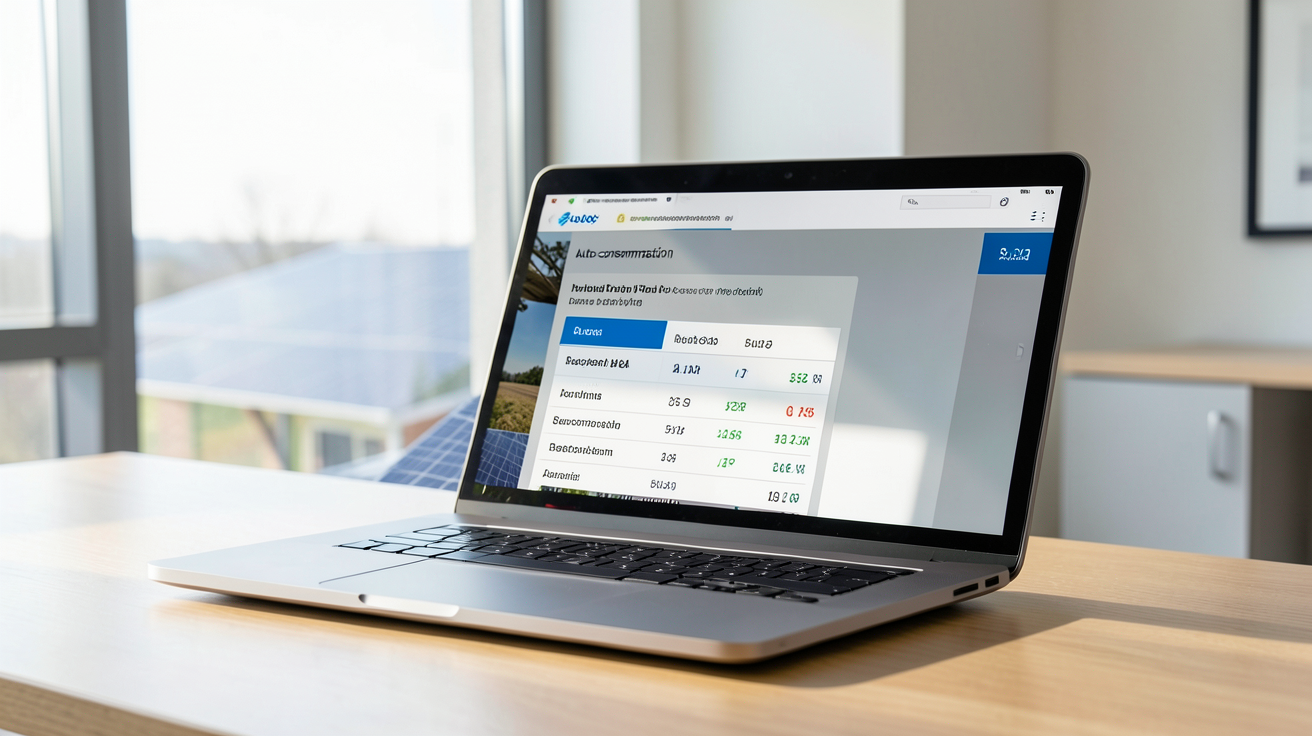 photovoltaïque en autoconsommation calcul de rentabilité affiché sur un ordinateur portable dans un bureau moderne