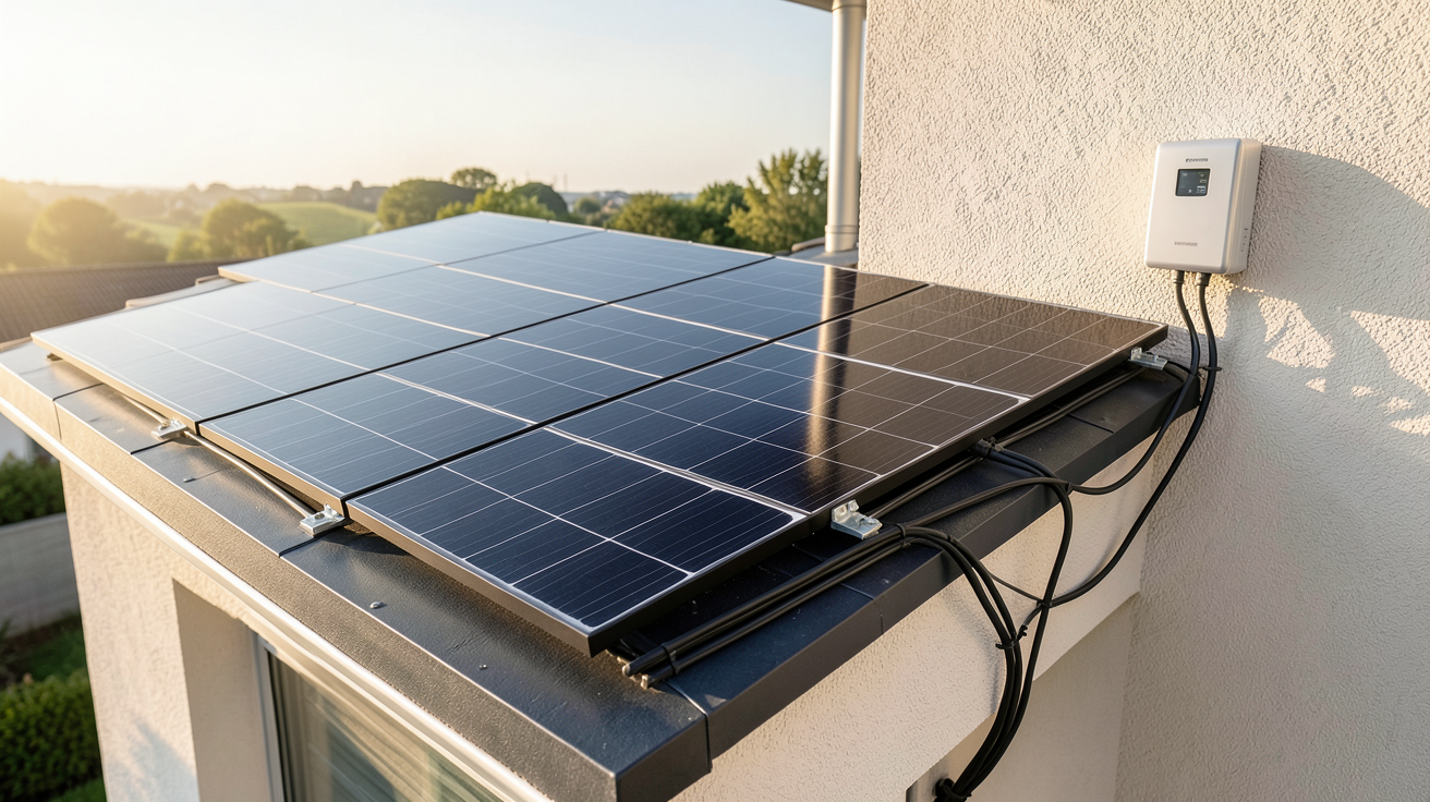 photovoltaïque en autoconsommation : installation de panneaux solaires sur le toit d'une maison avec onduleur extérieur