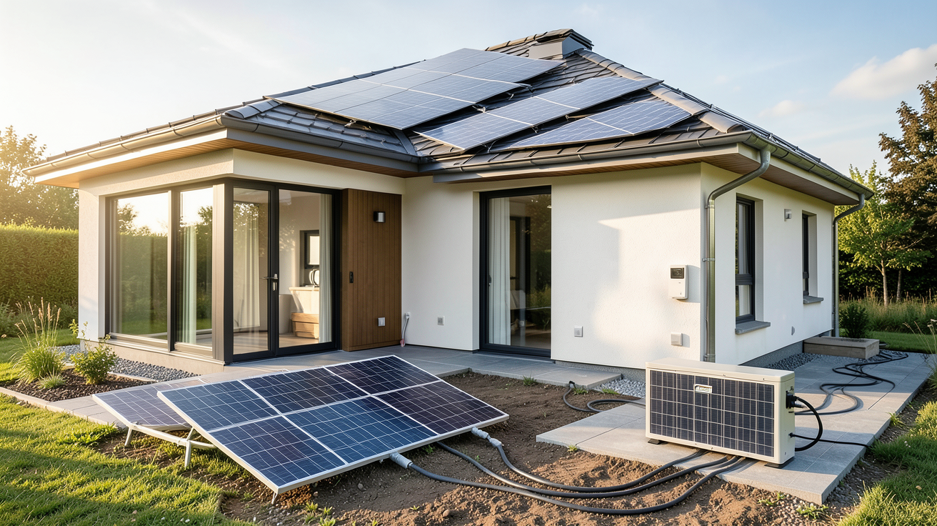 photovoltaïque en autoconsommation avec trois modèles : panneaux solaires en toiture, kit au sol et système hybride avec batterie