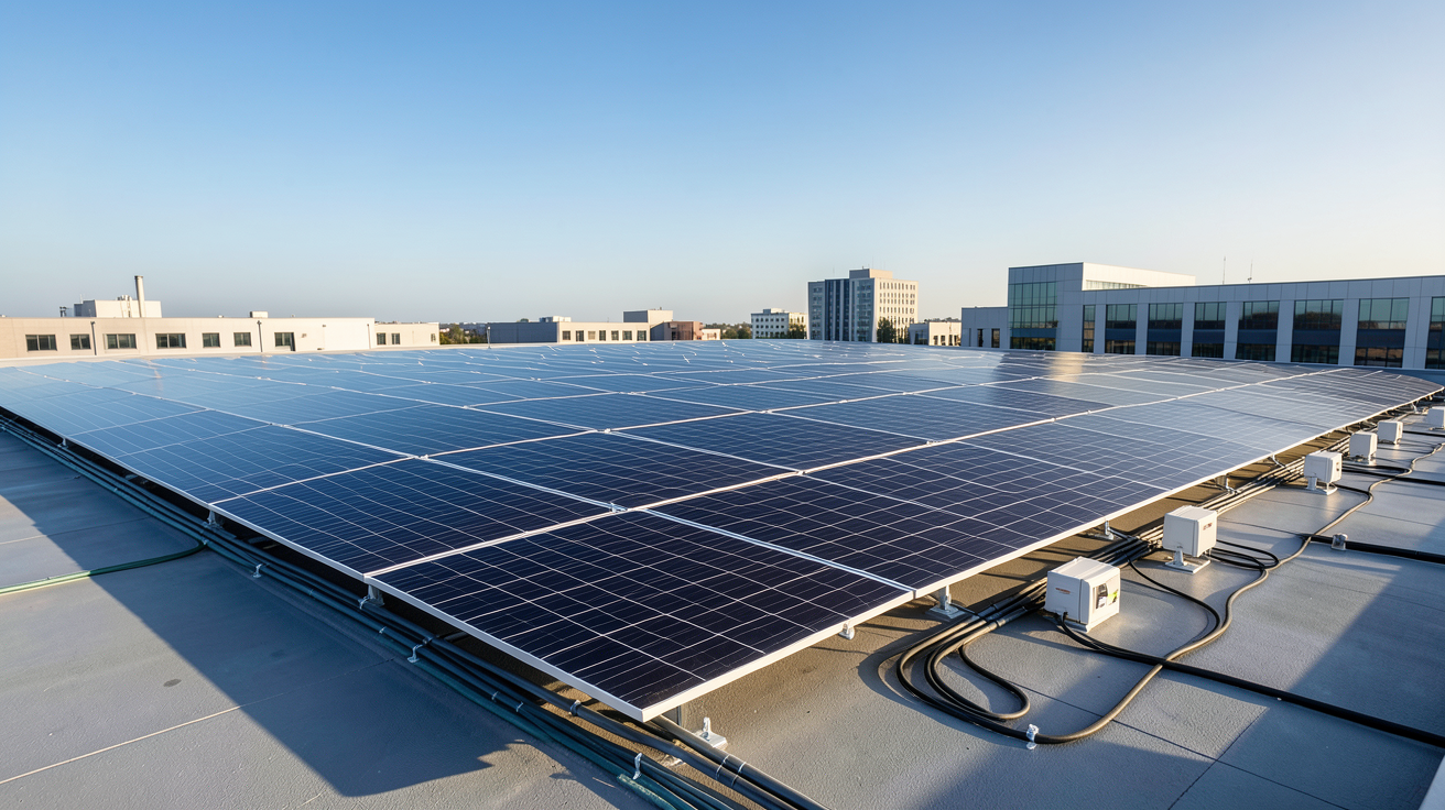 photovoltaïque entreprise installation sur toit de bâtiment d'entreprise avec panneaux solaires noirs et lumière naturelle