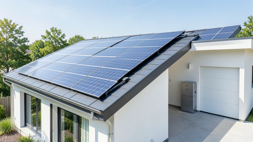 photovoltaique et batterie installés sur une résidence moderne pour l'autonomie énergétique
