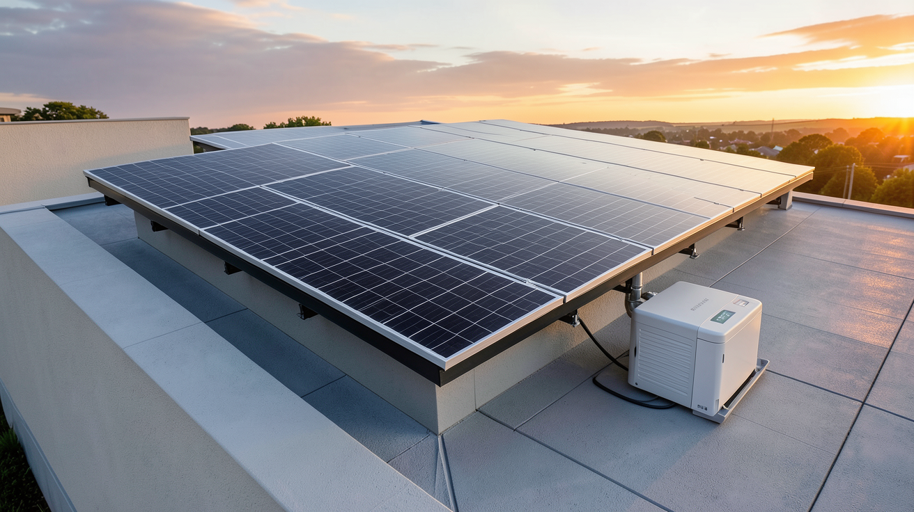 photovoltaique et batterie d'un kit solaire complet installé sur une maison moderne