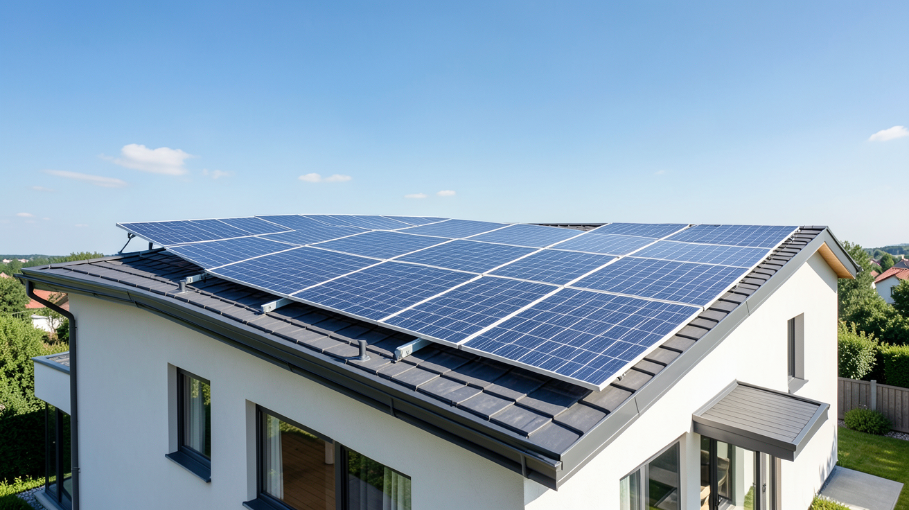 photovoltaique et solaire panneaux installés sur toit residential sous soleil brillant