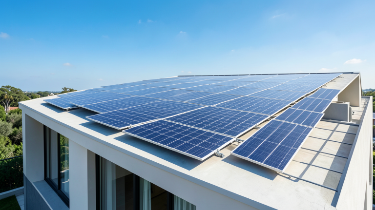 photovoltaique et solaire installé sur le toit d'une maison moderne avec panneaux brillants