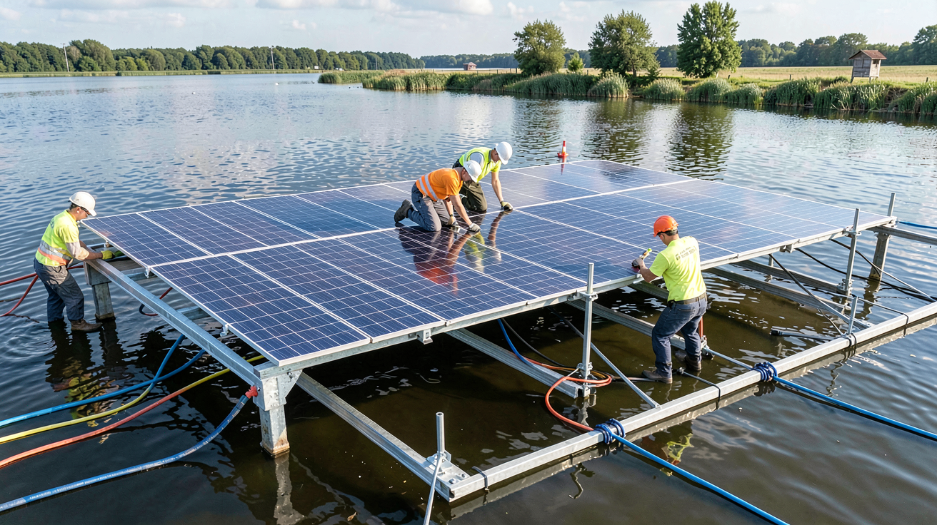 photovoltaique flottant installation d'un système de panneaux solaires flottants montrant chaque étape sur l'eau