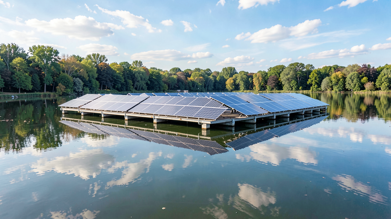 photovoltaique flottant exemplifiée par une installation sur un lac en France, panneaux solaires flottants sous le soleil