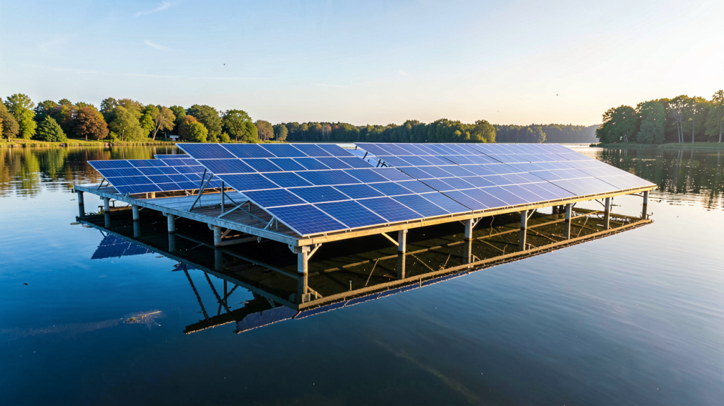 photovoltaique flottant installé sur un lac paisible, panneaux solaires alignés reflétant la lumière du matin, vue aérienne nette
