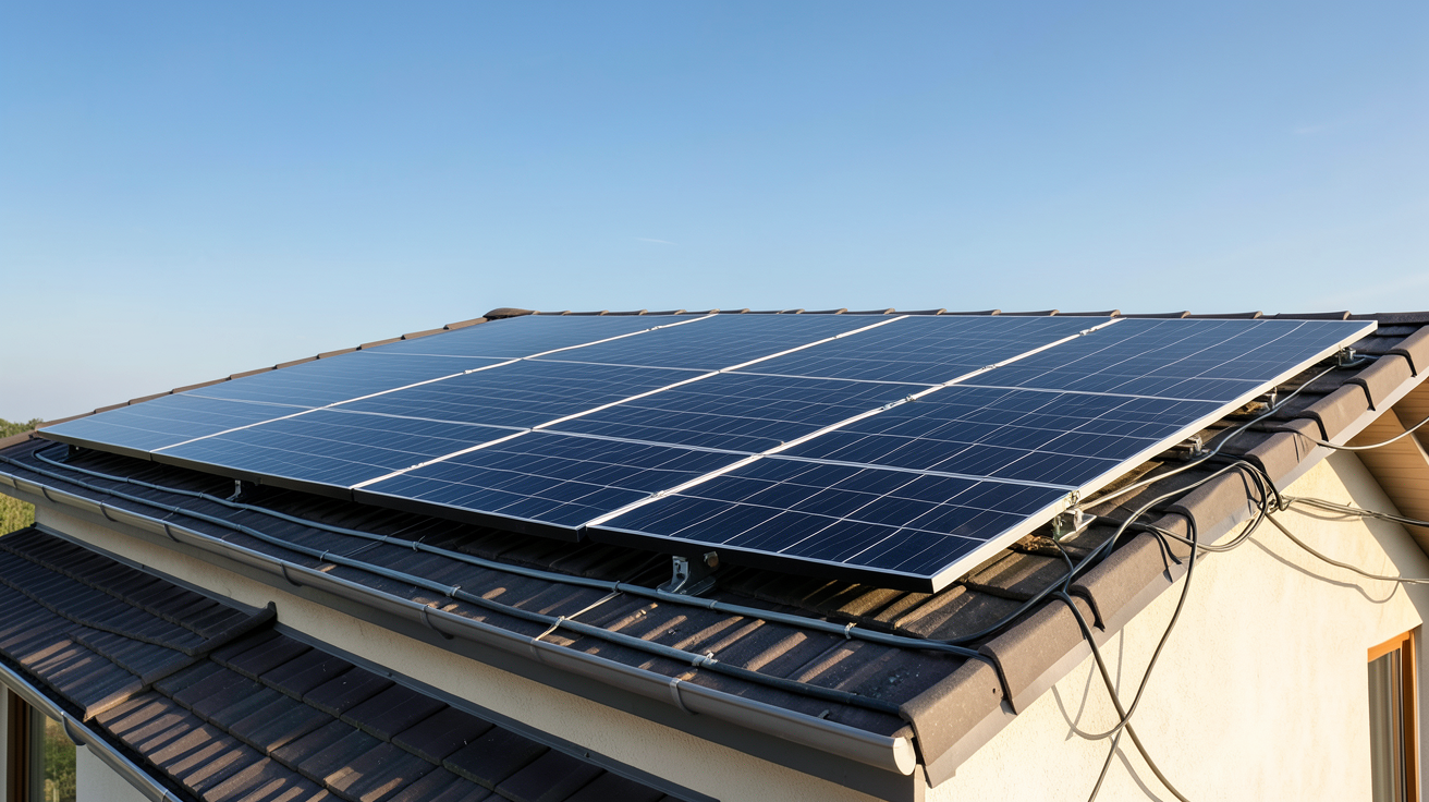 photovoltaïque fonctionnant sur le toit d'une maison avec panneaux solaires et câbles électriques