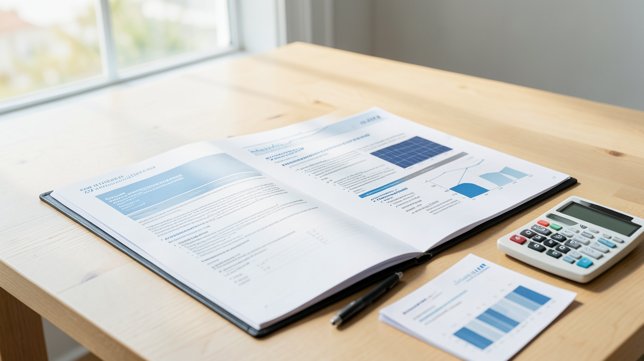 photovoltaique gouv aides financières 2025 dossier officiel sur table en bois avec documents et calculatrice