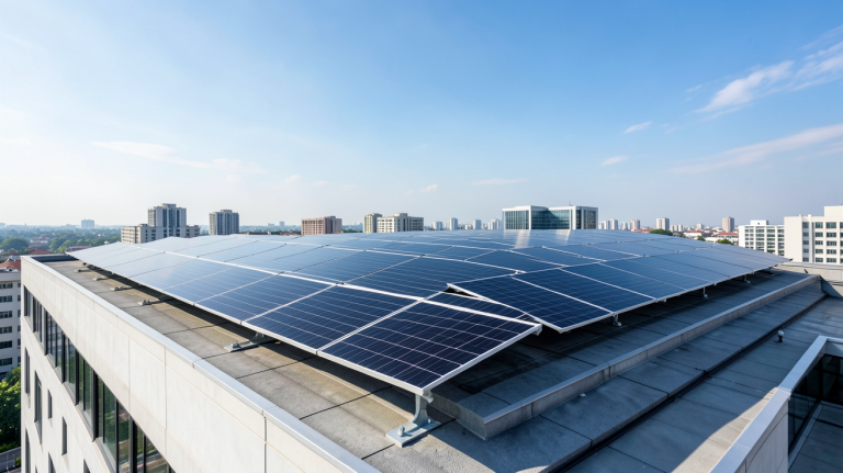 photovoltaïque gouv installation sur le toit d'un bâtiment gouvernemental moderne en ville