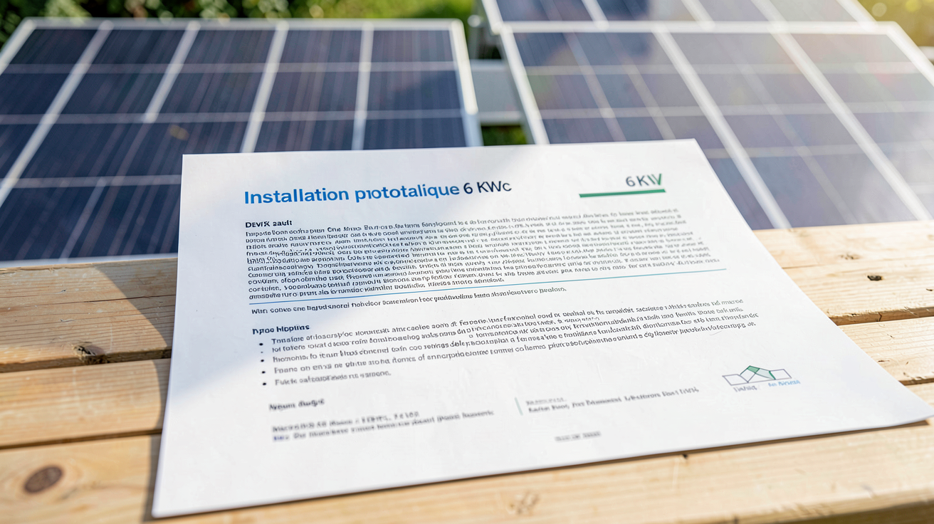 photovoltaïque groupe verlaine devis détaillé pour 6 kWc posé sur une table avec panneaux solaires en arrière-plan