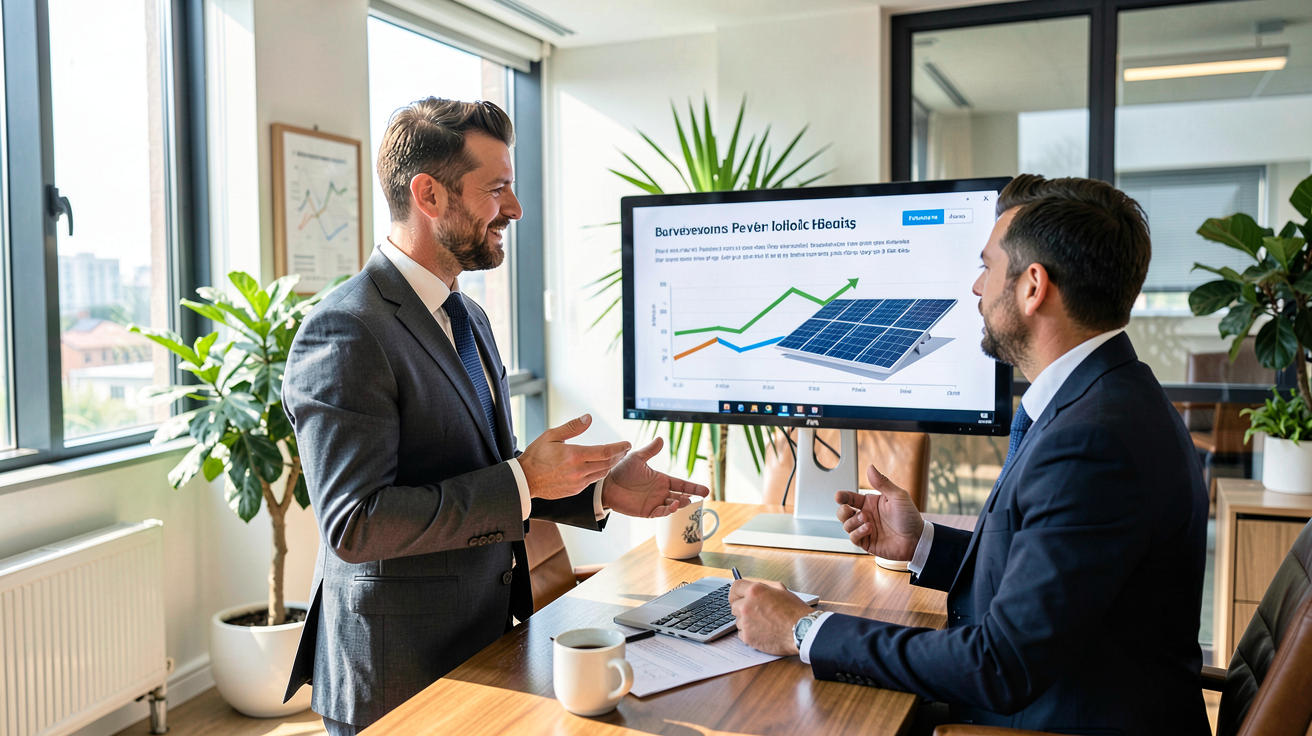 photovoltaïque groupe verlaine gestion administrative et aides financières : conseiller discutant avec un client devant des graphiques de subventions
