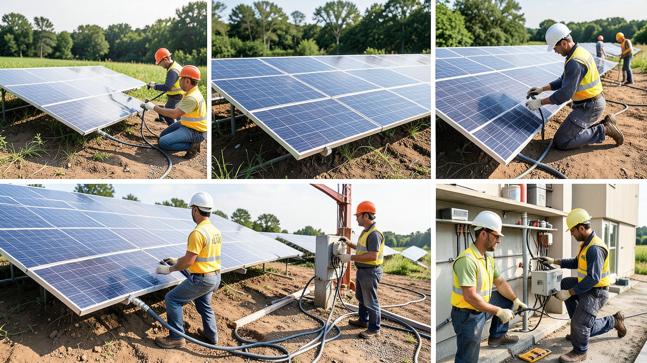 photovoltaique hybride étapes d'installation de l'étude à la mise en service avec techniciens posant des panneaux