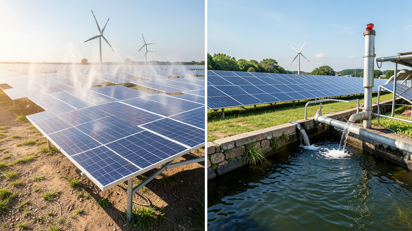 photovoltaique hybride montrant un système aérovoltaïque et hydraulique côte à côte