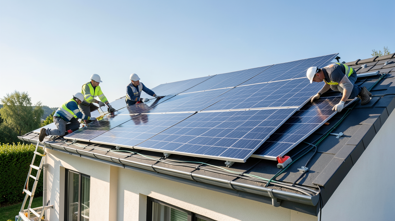 photovoltaique IKEA installation de panneaux solaires sur le toit d'une maison avec des techniciens professionnels