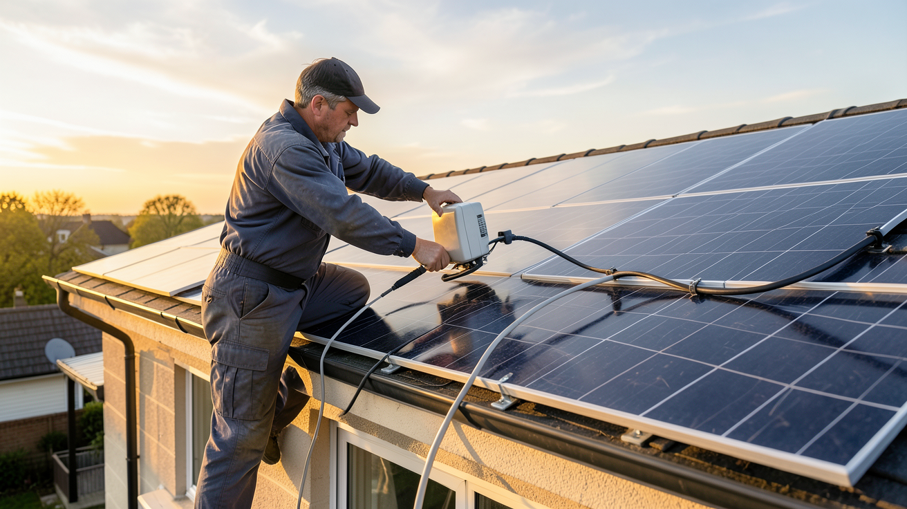 photovoltaïque info : professionnel installant des panneaux solaires sur un toit résidentiel
