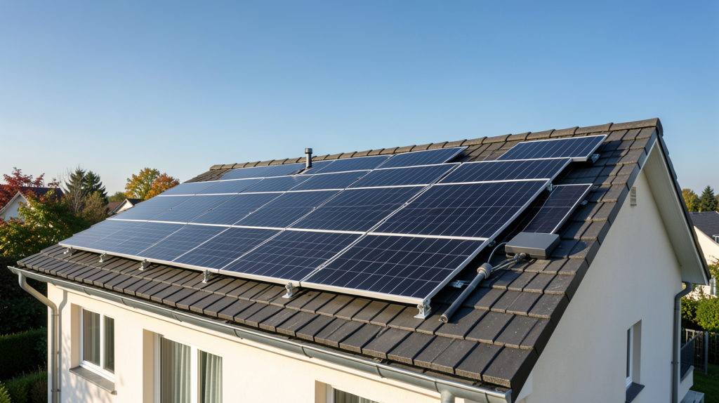 photovoltaïque info installation de panneaux solaires sur le toit d'une maison individuelle