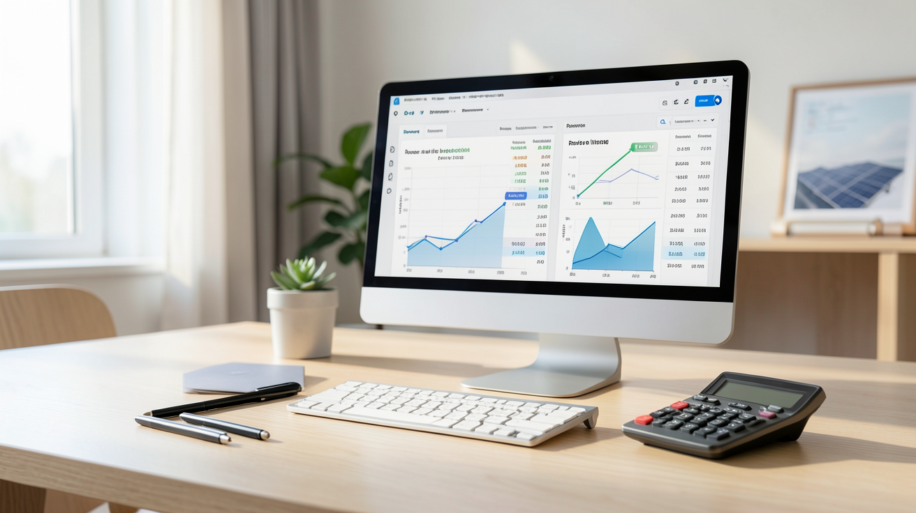 photovoltaique info rentabilité et retour sur investissement illustrés par un tableau de bord financier avec graphiques