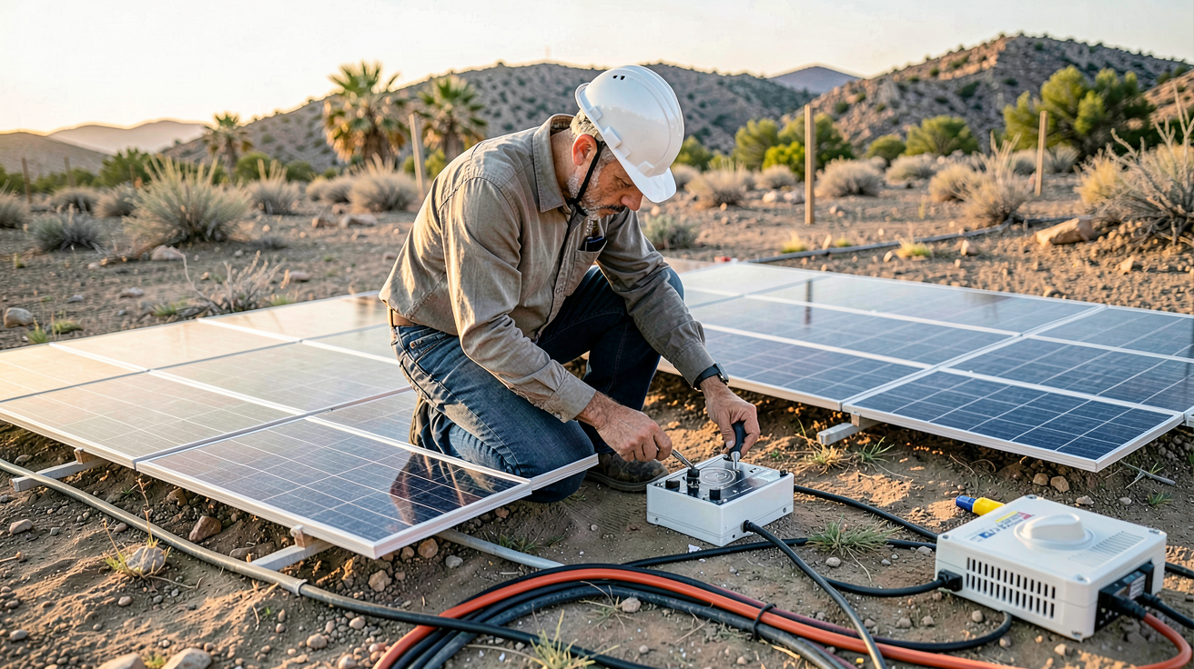 photovoltaique info site isolé : technicien dimensionnant un générateur photovoltaïque sur un site isolé