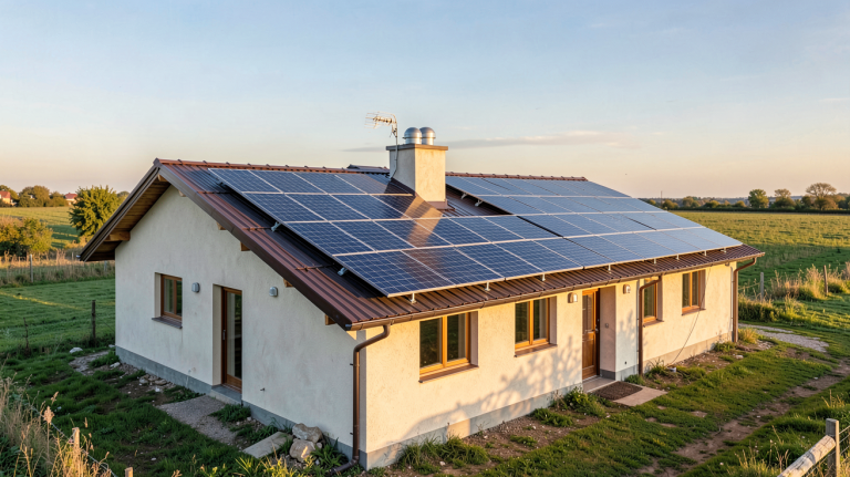 photovoltaique info site isolé d'une maison rurale avec panneaux solaires sur le toit