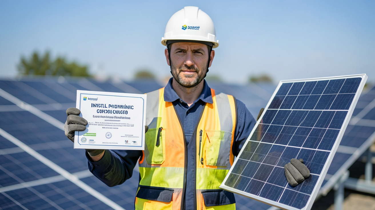 photovoltaique installateur tenant une certification obligatoire et un panneau solaire sur un toit