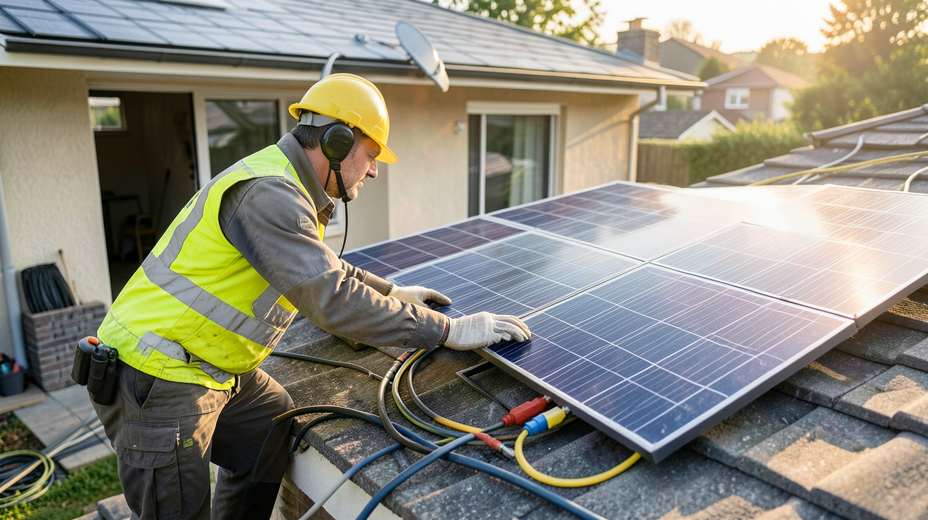 photovoltaique installateur vérifiant les panneaux solaires sur le toit d'une maison