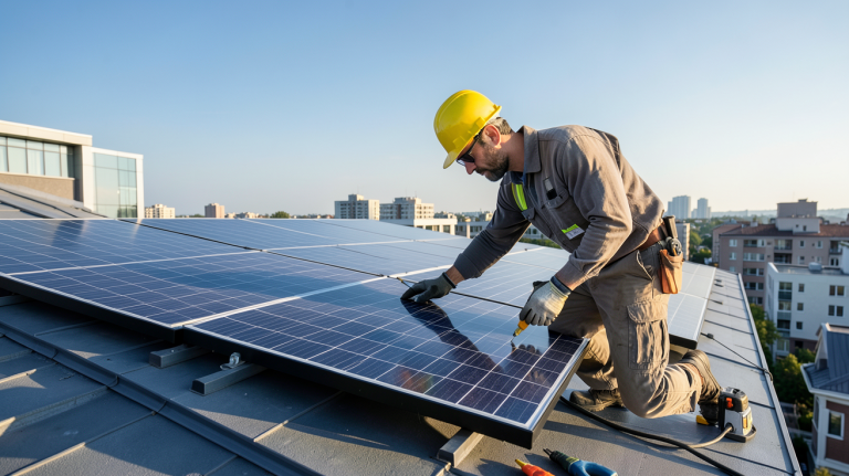 photovoltaique installateur en train de poser des panneaux solaires sur le toit d'une maison urbaine