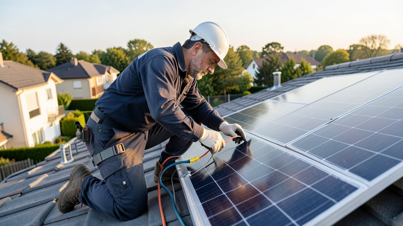 photovoltaique installateur vérifiant les connexions électriques d'un panneau solaire sur un toit résidentiel