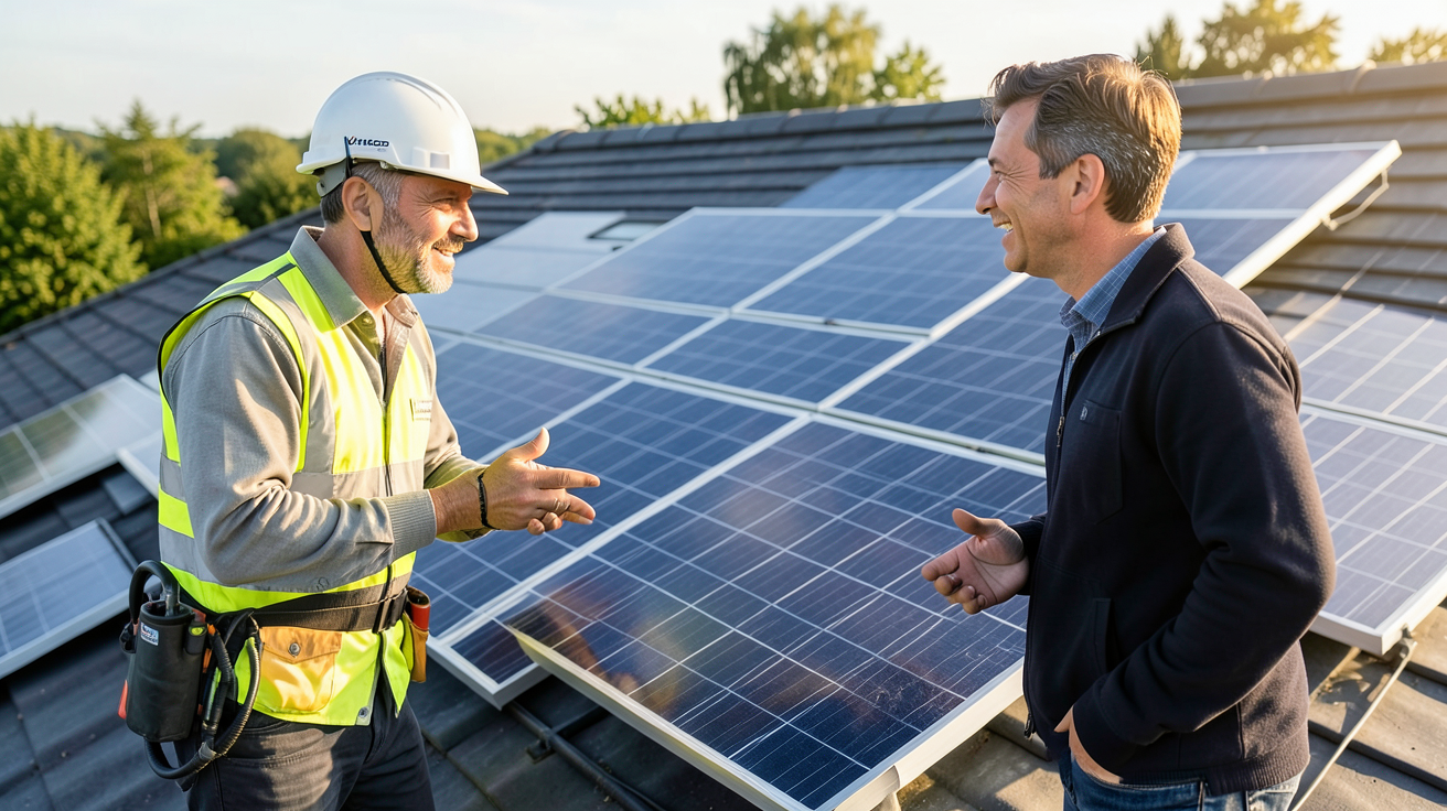 photovoltaïque installateur Volteco SPRL discutant avec un client belge sur un toit résidentiel