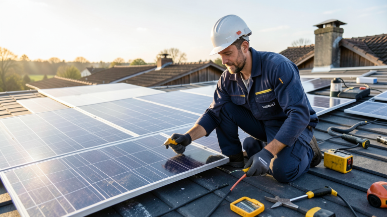 photovoltaïque installateur Volteco Sprl en train de poser des panneaux solaires sur un toit résidentiel