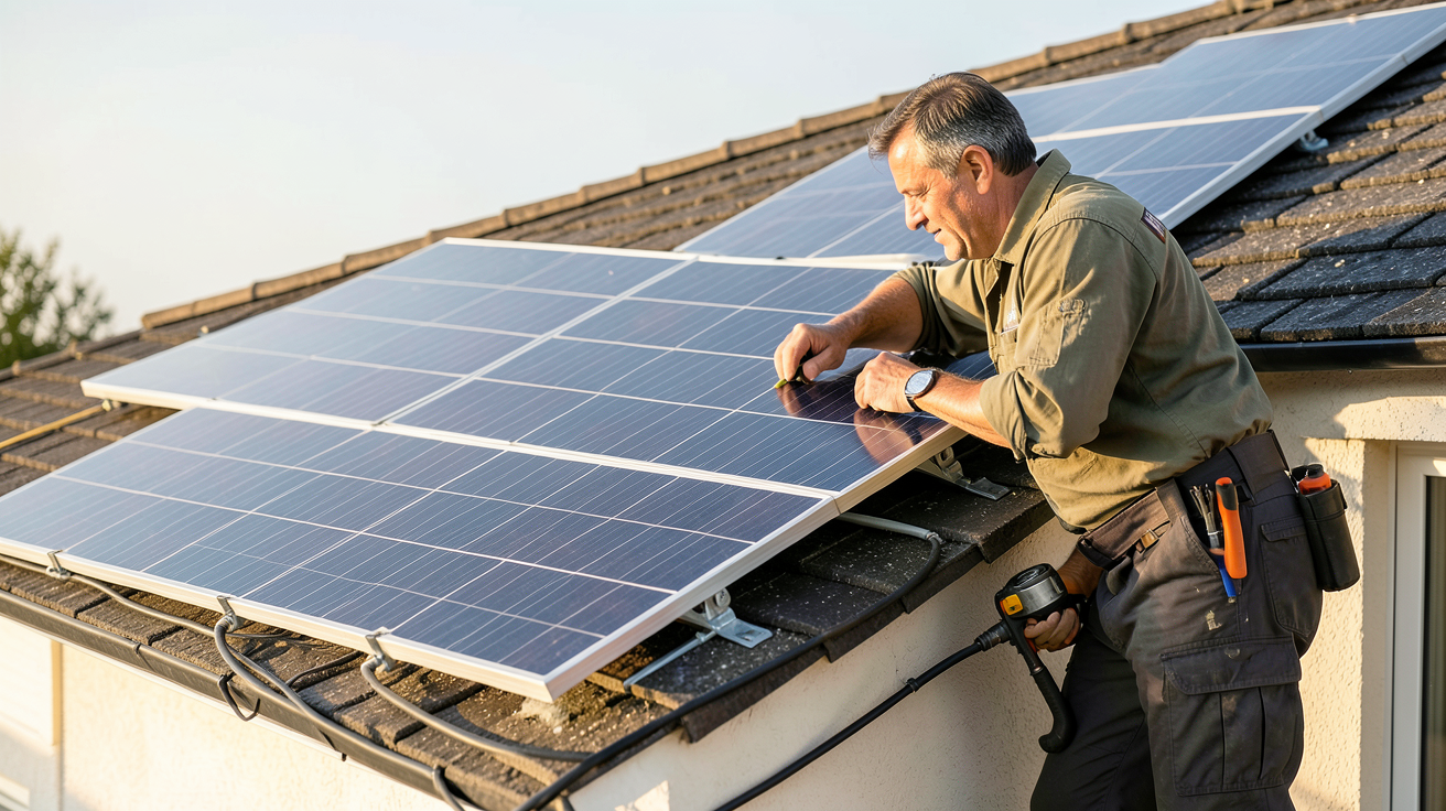 photovoltaïque installateur Volteco SPRL en train de poser des panneaux solaires sur un toit résidentiel