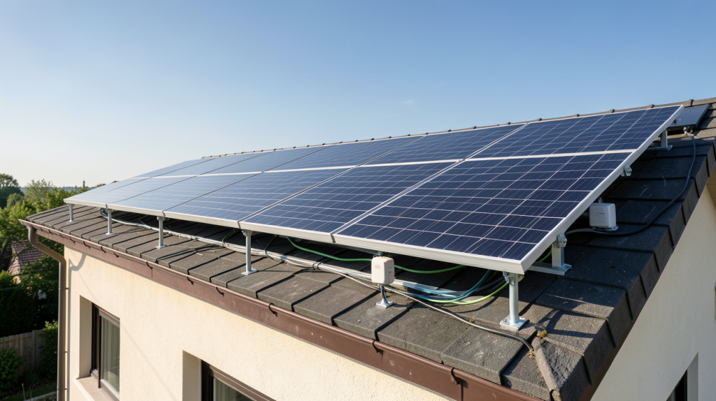 photovoltaïque Leroy Merlin installation sur toit de maison individuelle avec panneaux solaires noirs