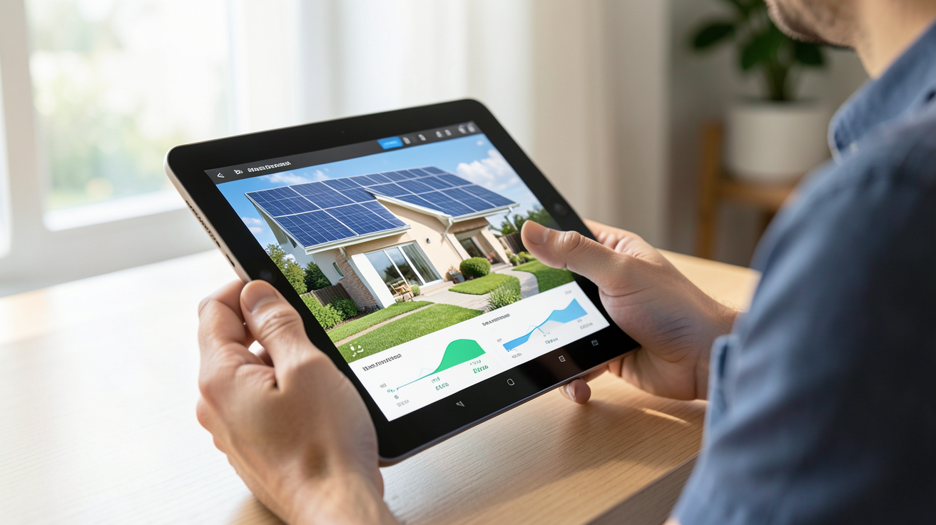 photovoltaique maison individuelle avec analyse des besoins énergétiques sur une tablette numérique