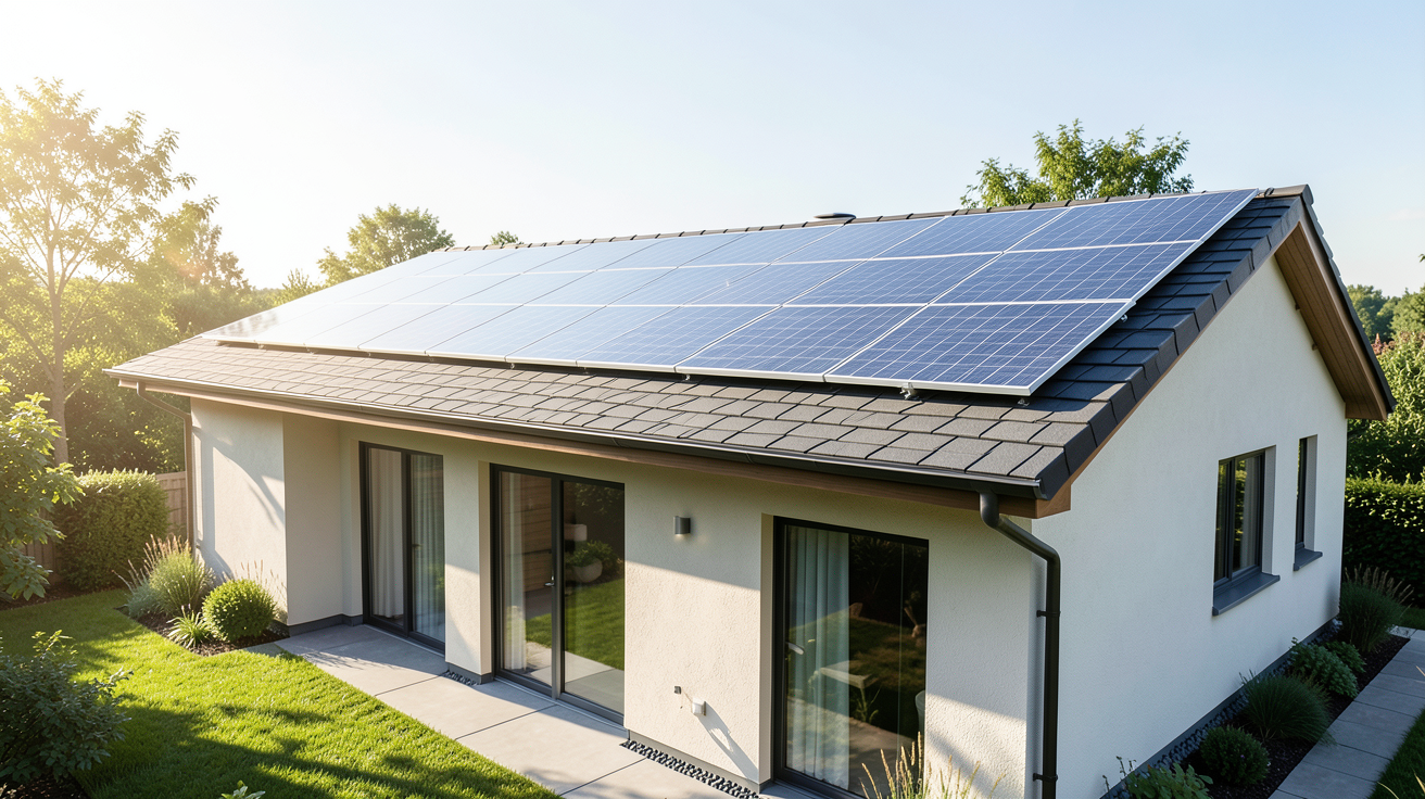 photovoltaique maison individuelle avec des panneaux solaires installés sur la toiture d'une maison moderne