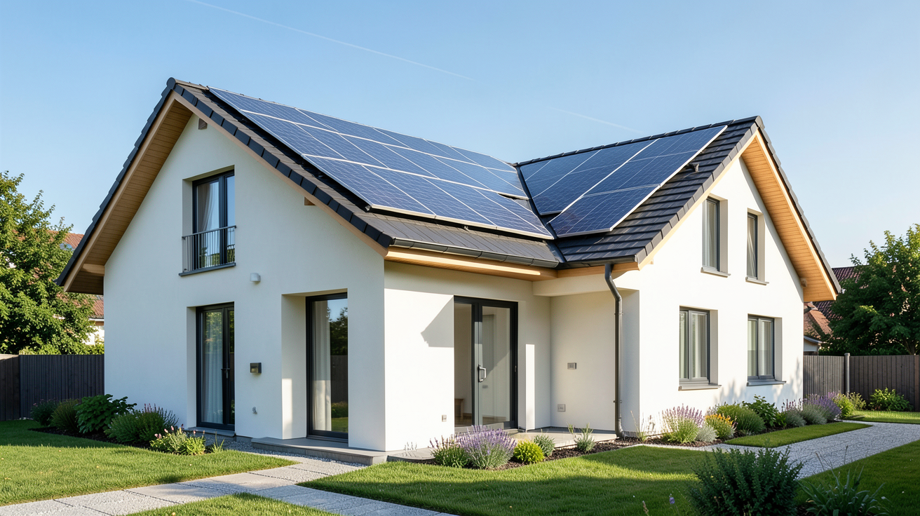 photovoltaique maison individuelle avec des panneaux solaires installés sur le toit d'une habitation moderne