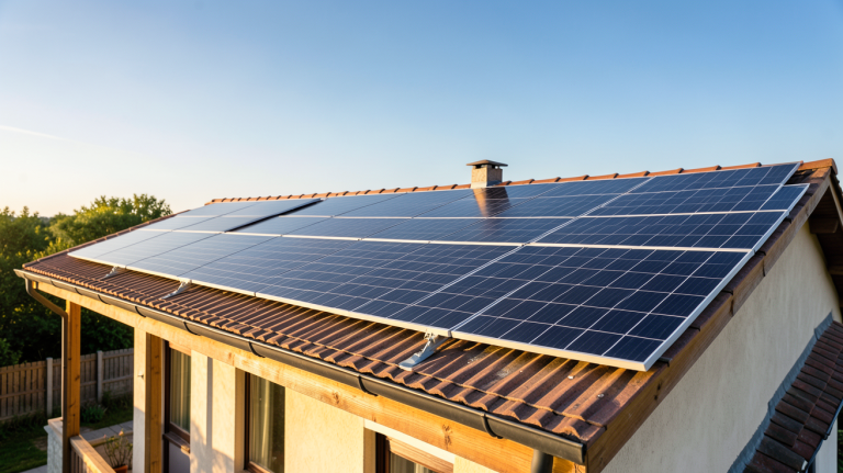 photovoltaïque maison individuelle avec panneaux solaires noirs sur un toit ensoleillé