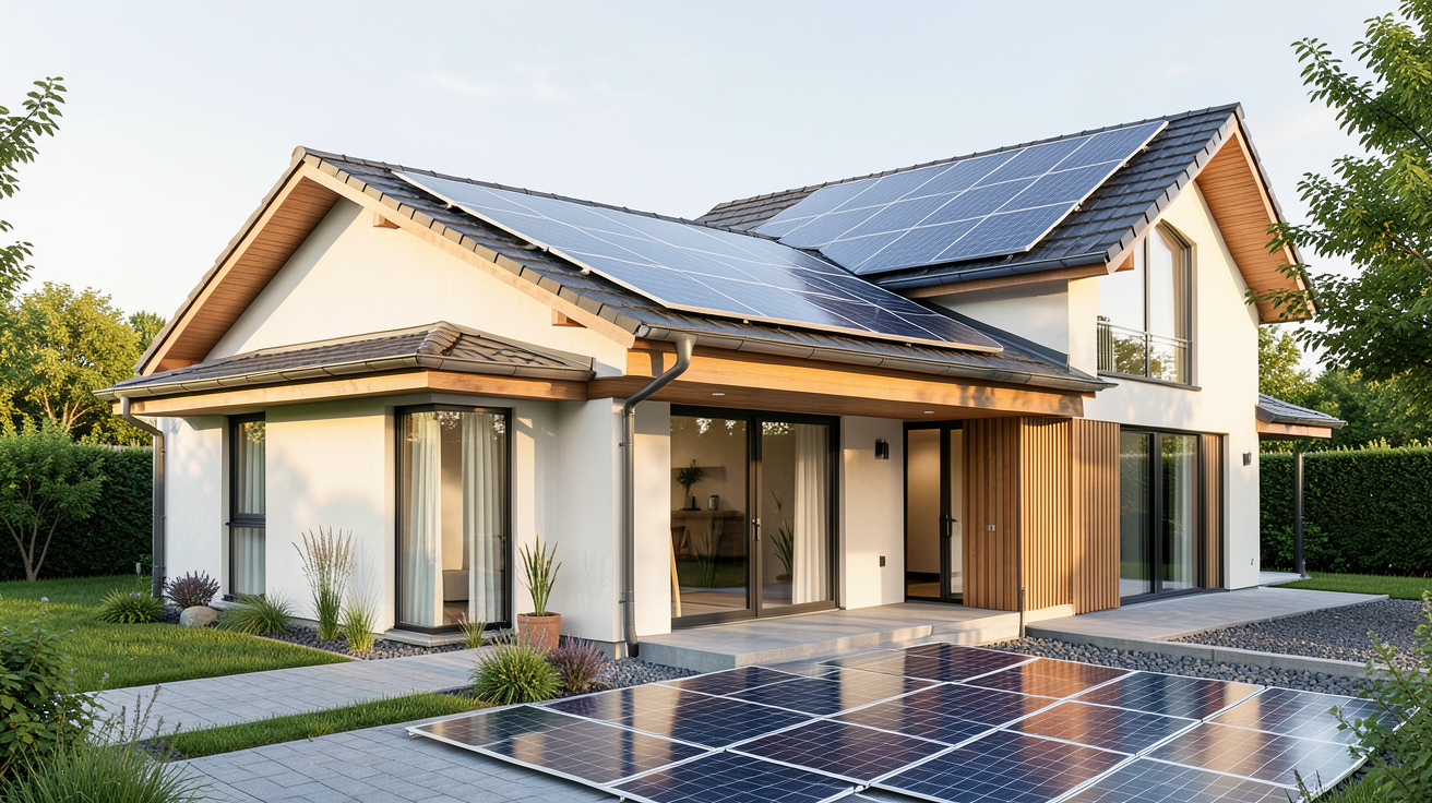 photovoltaique maison avec trois types de systèmes solaires : panneaux monocristallins, bifaciaux et tuiles intégrées