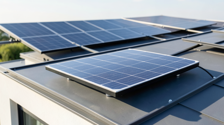 photovoltaique micro onduleur ou onduleur installé sur le toit d'une maison moderne avec panneaux solaires, image ultra réaliste et lumineuse